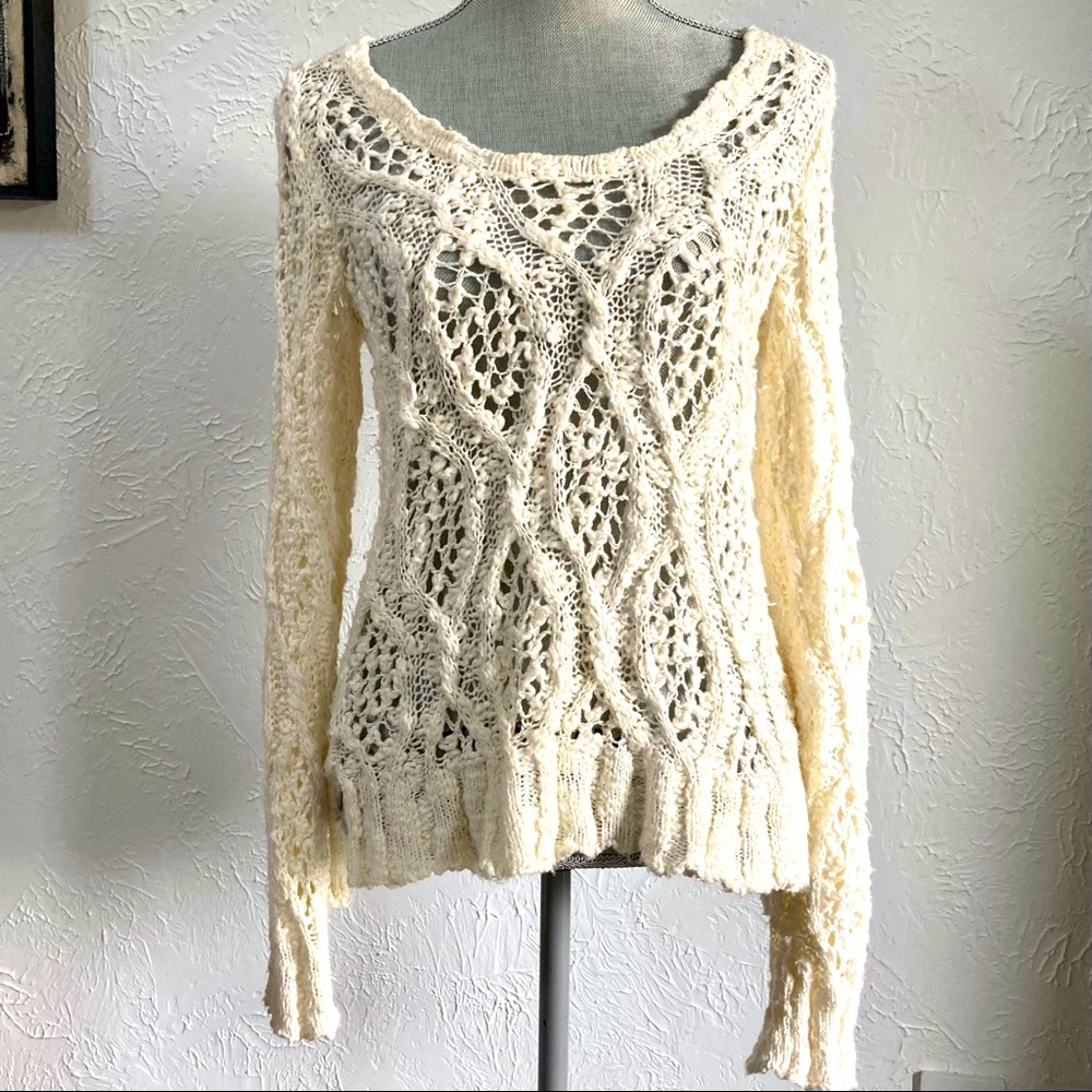 Lucky Brand Open Weave Crochet Sweater with a Sweet Scoop Neck Collar